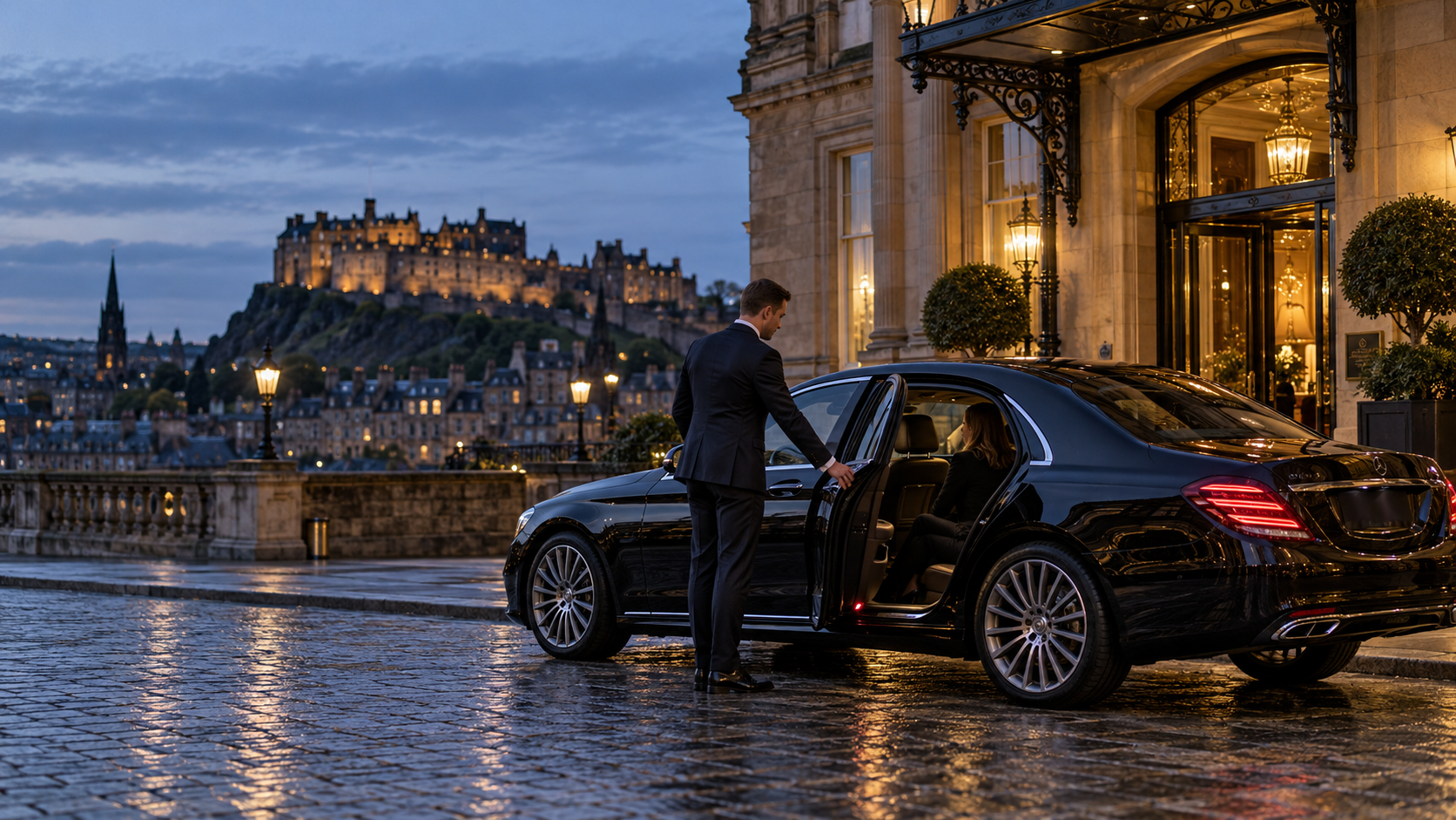 Chauffeur helping a passenger beside an executive car in Edinburgh