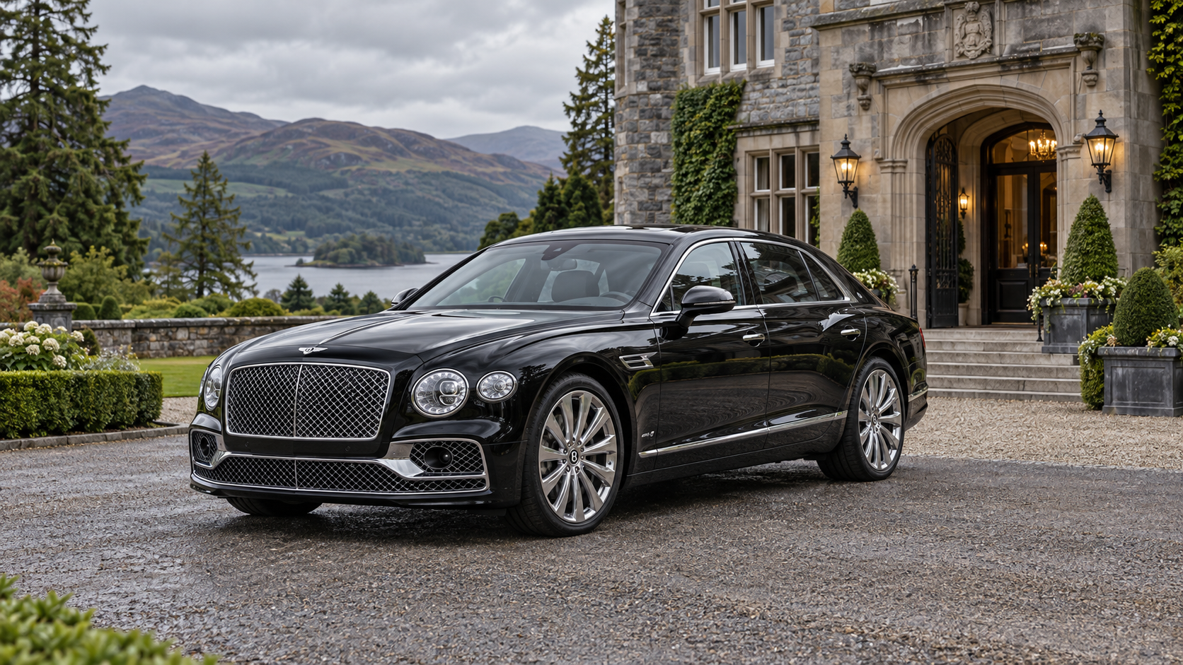 Illustrative black Bentley saloon outside a Scottish hotel