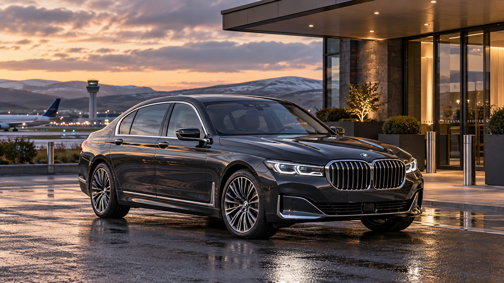 Illustrative BMW executive saloon outside an airport hotel