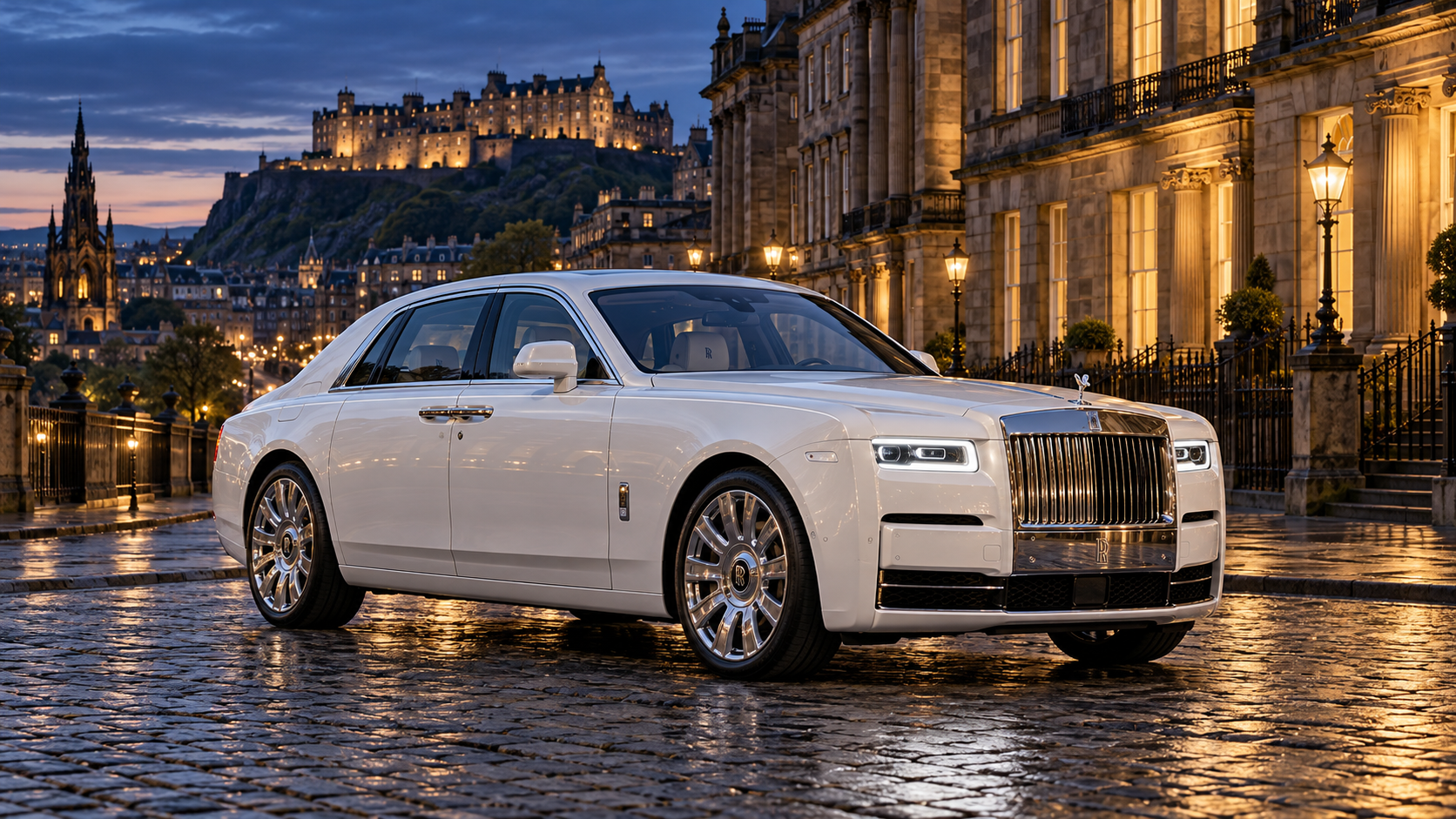 Illustrative white Rolls-Royce saloon in Edinburgh at dusk